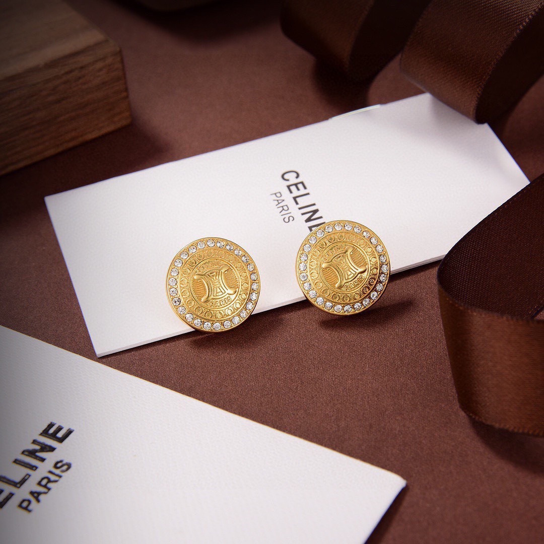 Celine Triomphe Coin Crystal Stud Earrings earrings gold-tone metal with clear crystal accents 1 5cm diameter