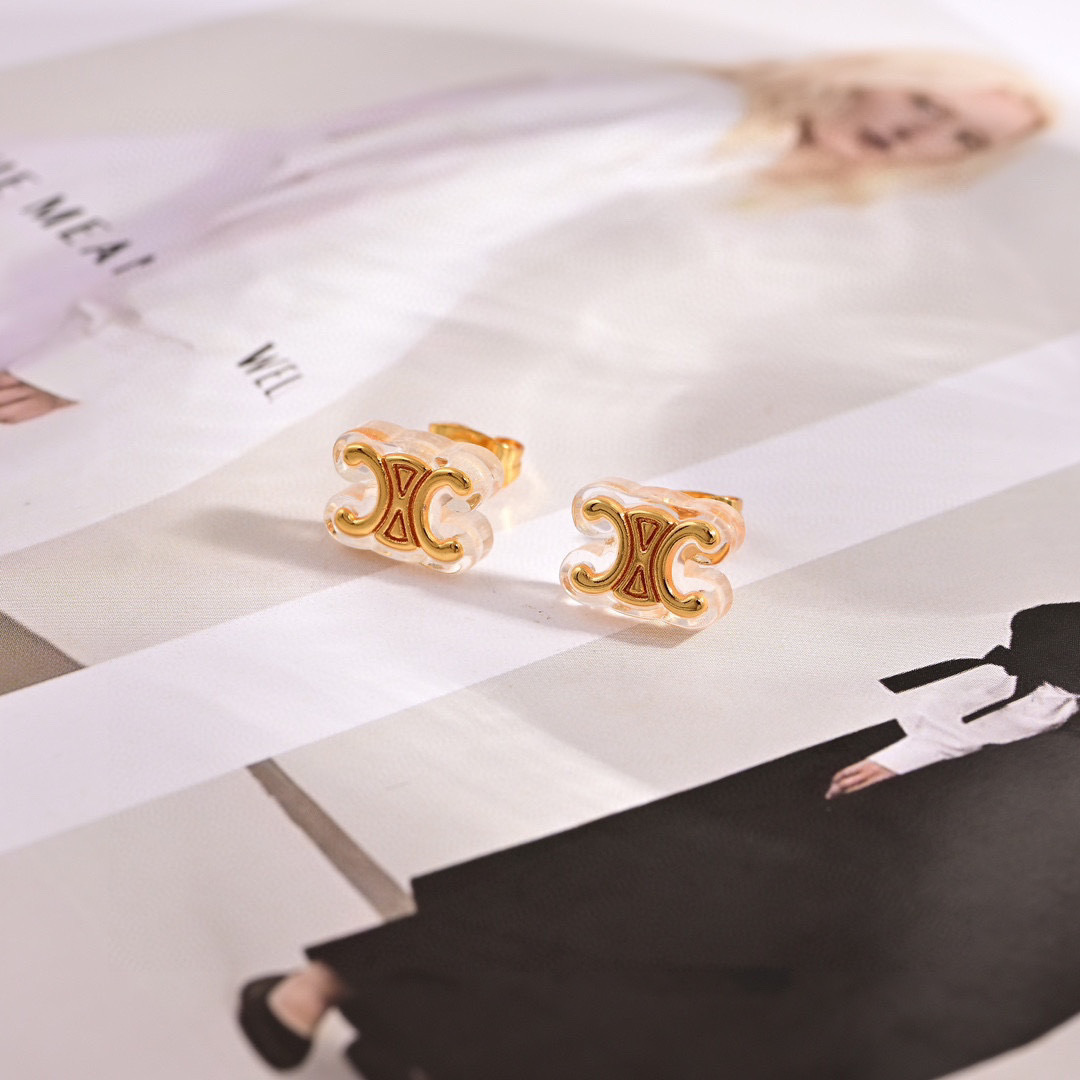 Celine GLACON Triomphe earrings Gold-tone brass with transparent resin One Size