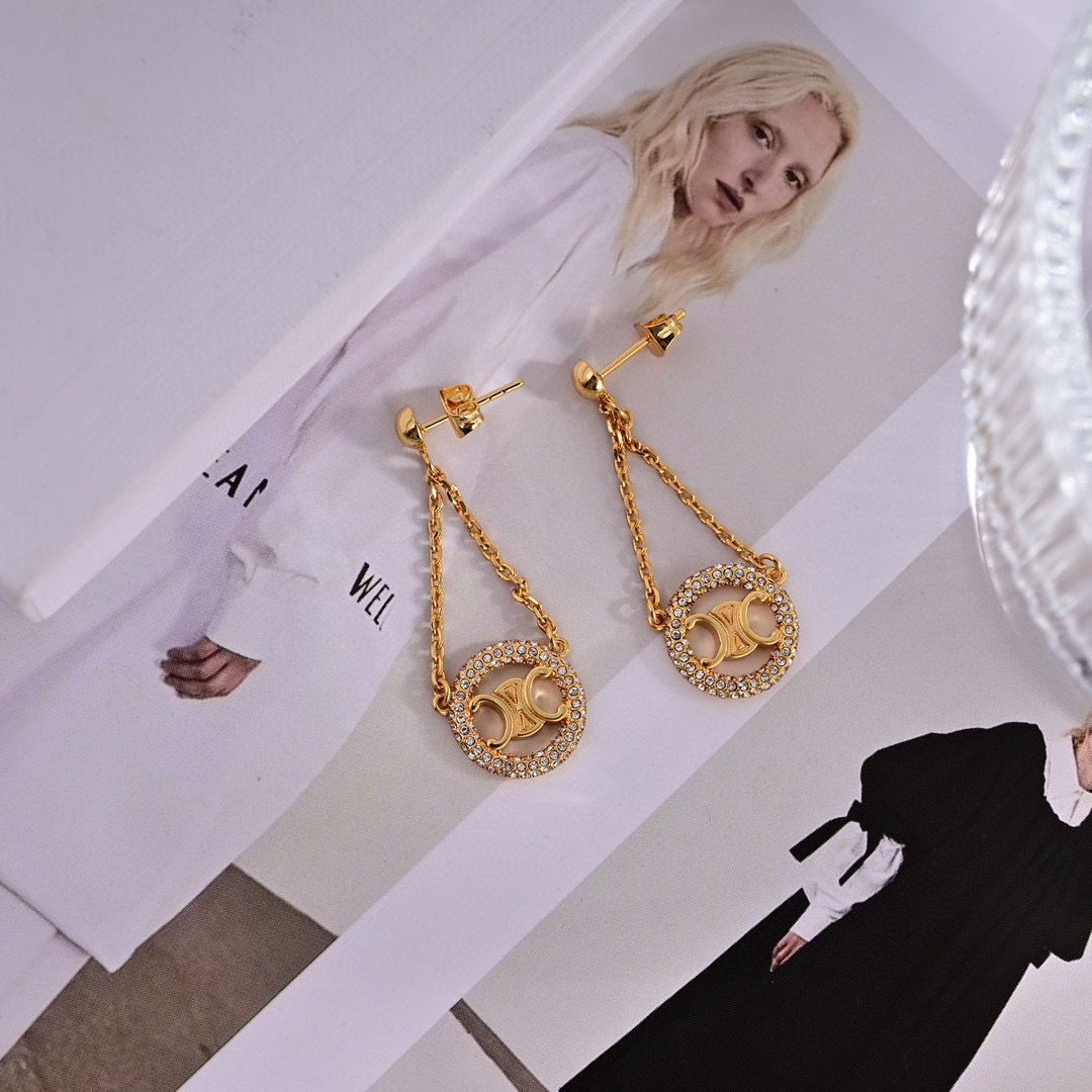 Celine Triomphe Crystal Chain Drop Earrings earrings gold-tone metal with clear crystal accents 3cm drop length
