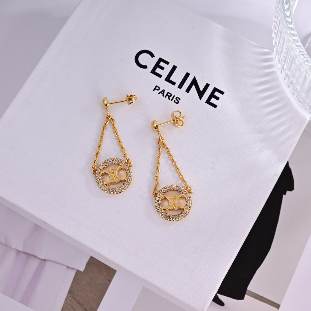 Celine Triomphe Crystal Chain Drop Earrings earrings gold-tone metal with clear crystal accents 3cm drop length