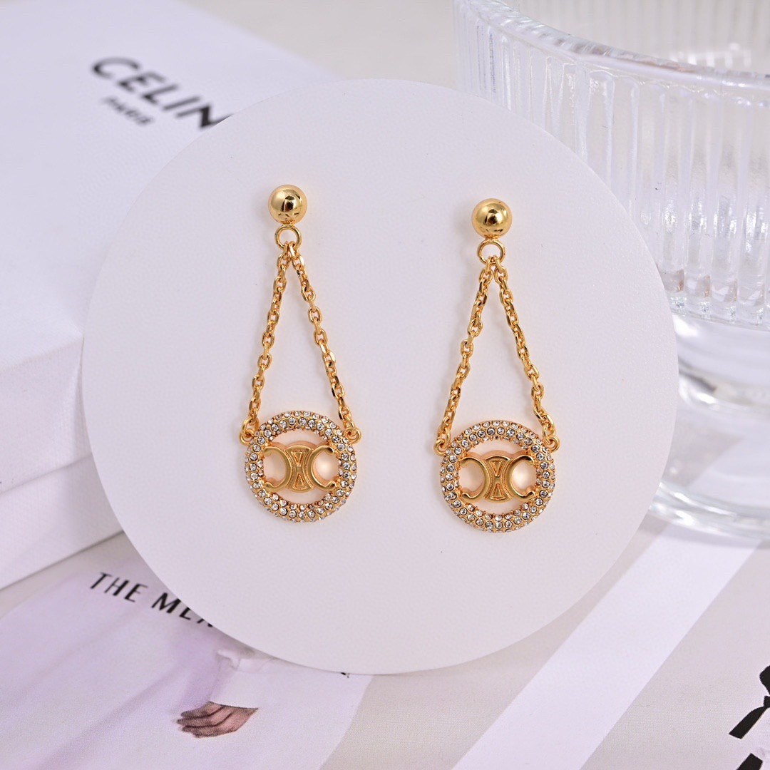 Celine Triomphe Crystal Chain Drop Earrings earrings gold-tone metal with clear crystal accents 3cm drop length