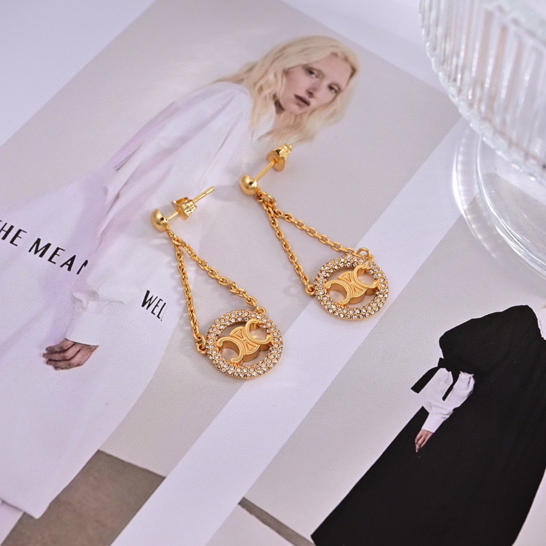 Celine Triomphe Crystal Chain Drop Earrings earrings gold-tone metal with clear crystal accents 3cm drop length