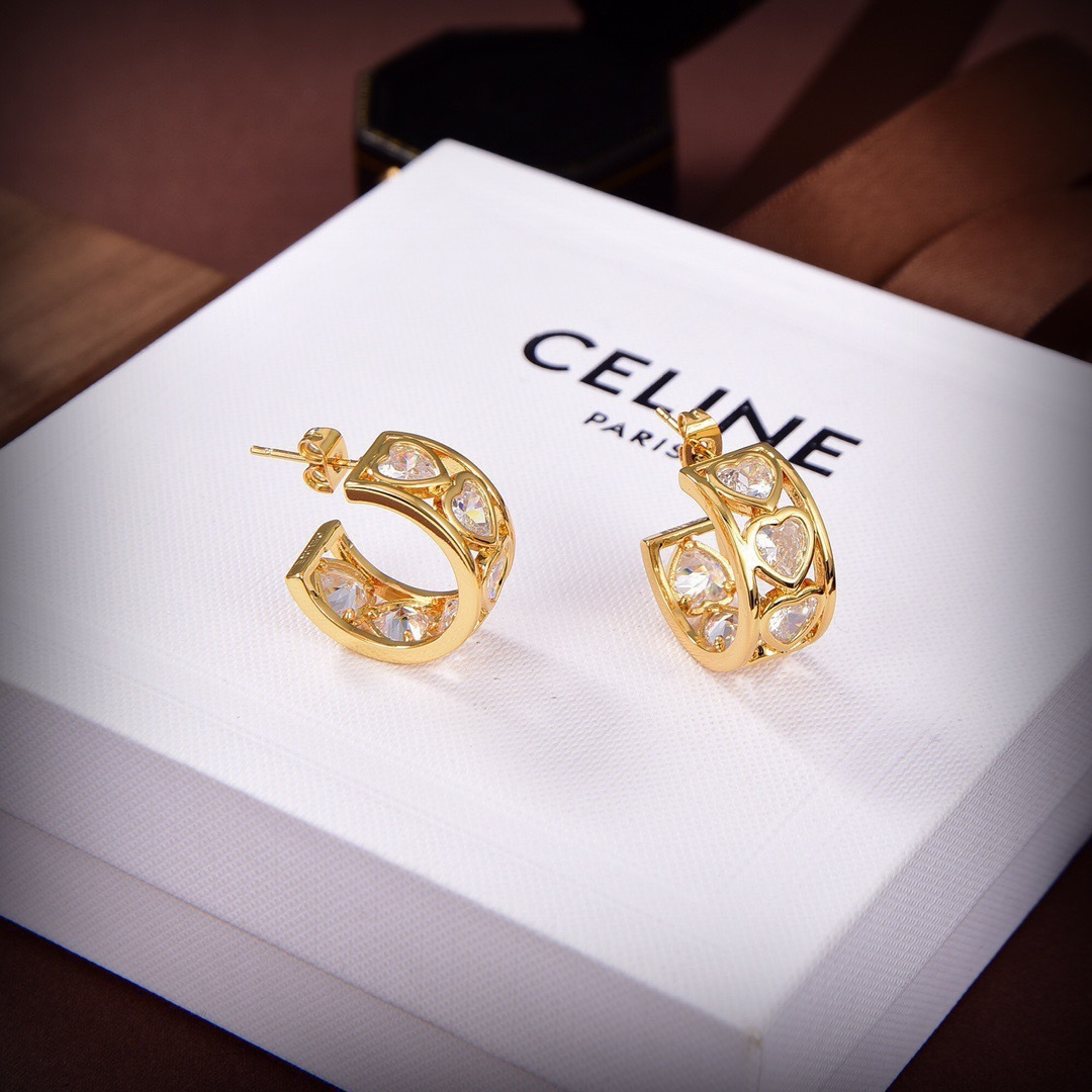 Celine PRECLOUS Heart Crystal Hoop earrings 18k gold plated metal with clear heart-cut crystal stones 1 5cm hoop diameter