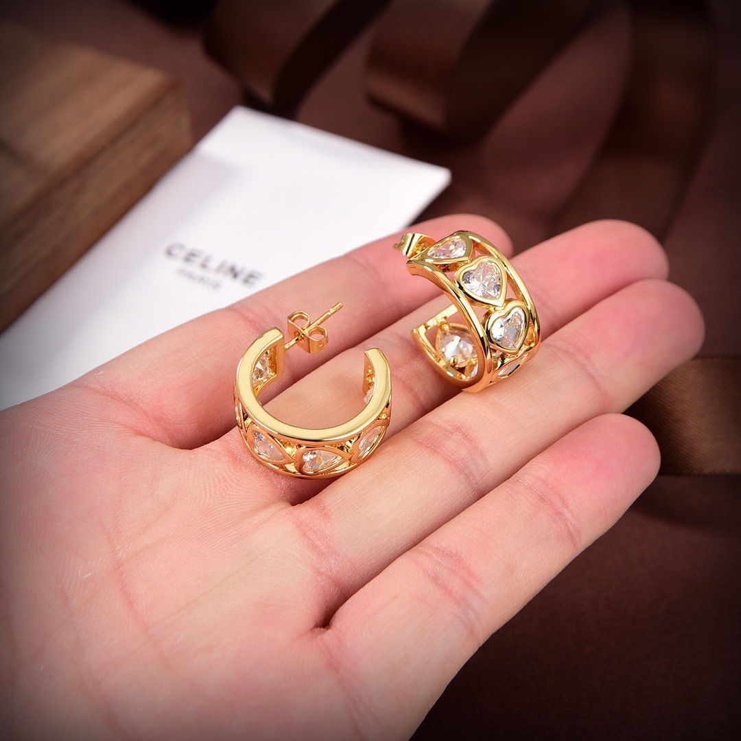 Celine PRECLOUS Heart Crystal Hoop earrings 18k gold plated metal with clear heart-cut crystal stones 1 5cm hoop diameter