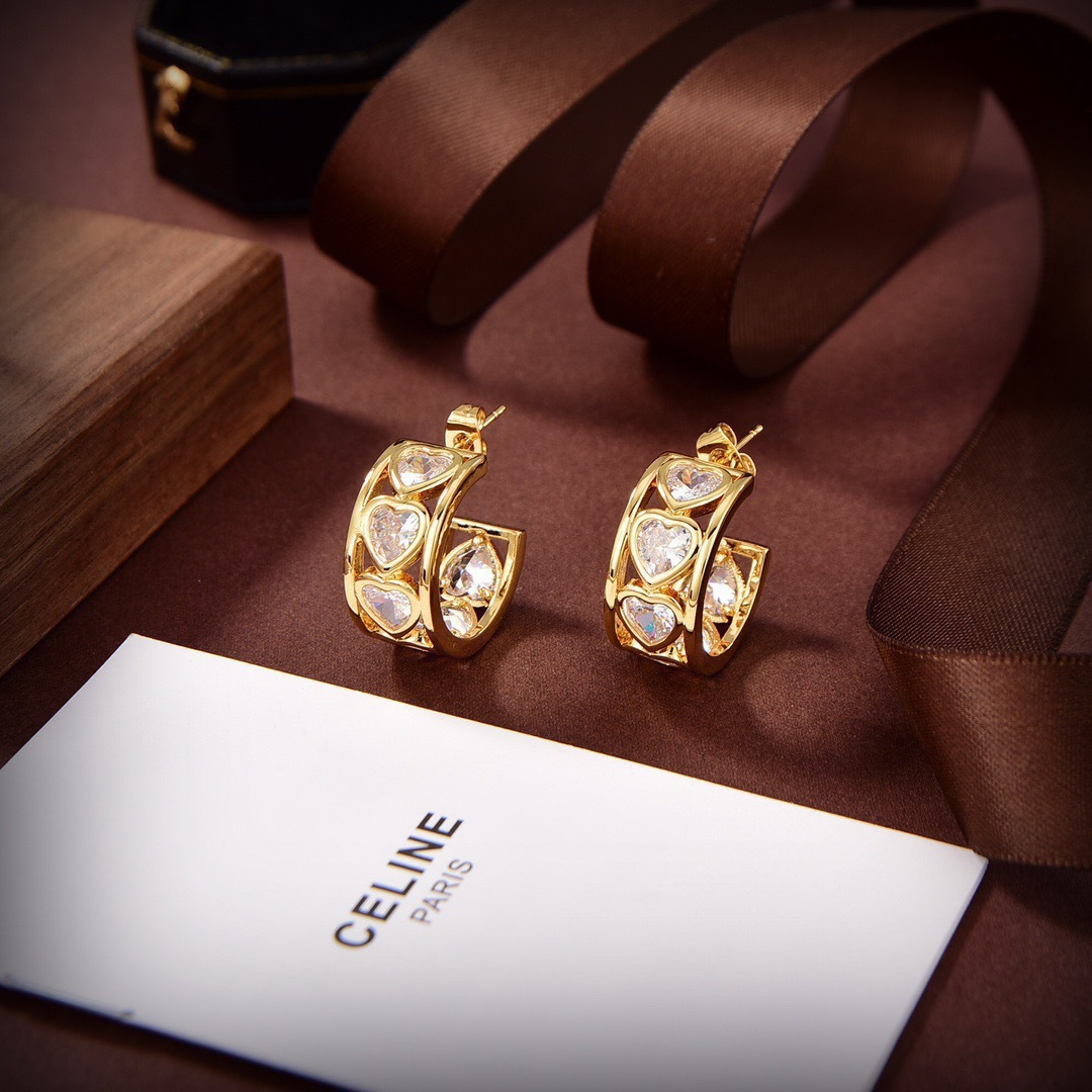 Celine PRECLOUS Heart Crystal Hoop earrings 18k gold plated metal with clear heart-cut crystal stones 1 5cm hoop diameter