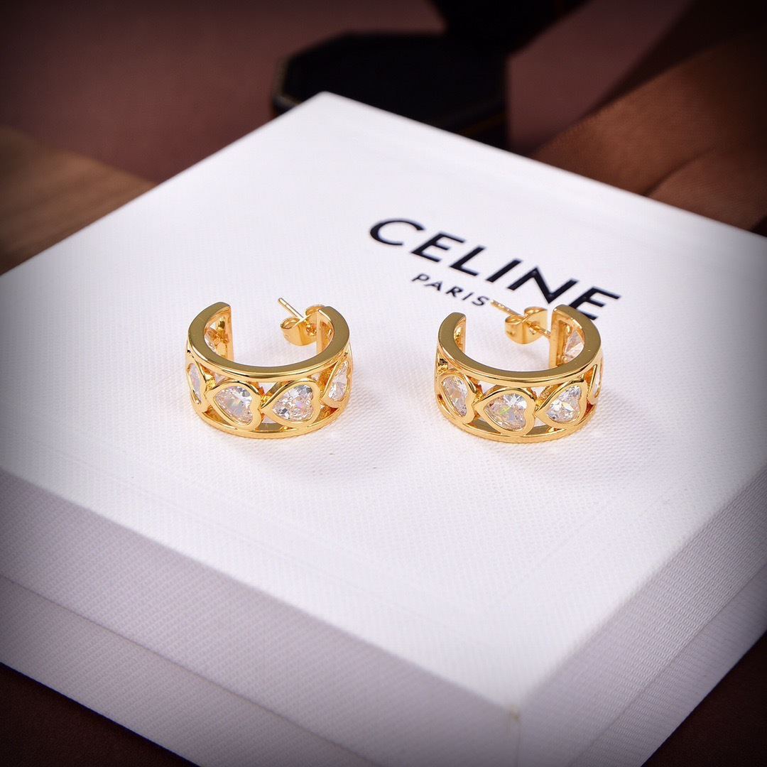 Celine PRECLOUS Heart Crystal Hoop earrings 18k gold plated metal with clear heart-cut crystal stones 1 5cm hoop diameter