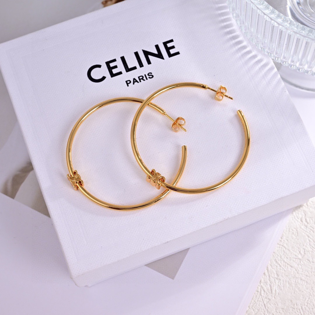 Celine Triomphe earrings gold-tone metal 50mm hoop diameter