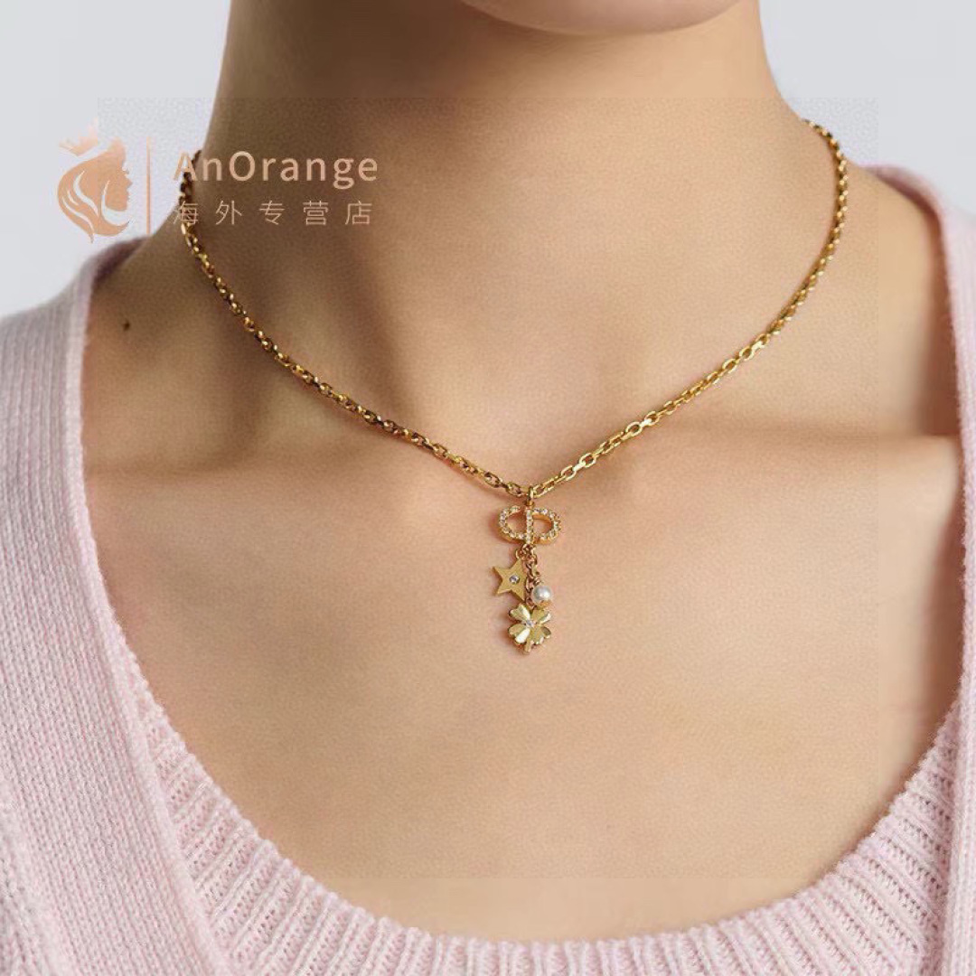 Dior Petit CD Lucky Charms necklace gold-tone metal with clear crystals white faux pearl 42cm with 5cm extender
