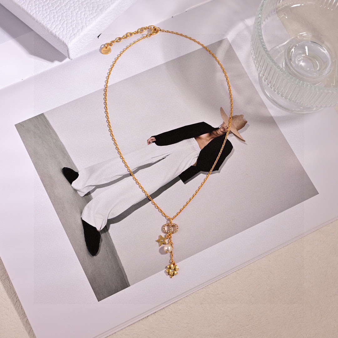 Dior Petit CD Lucky Charms necklace gold-tone metal with clear crystals white faux pearl 42cm with 5cm extender