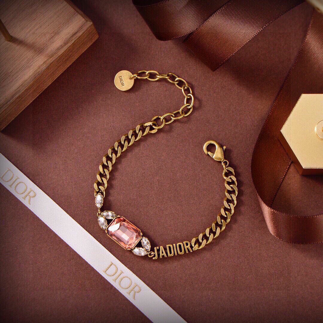 Dior J Adior bracelet vintage gold metal with peach and clear crystal accents 17cm with 5cm extension chain
