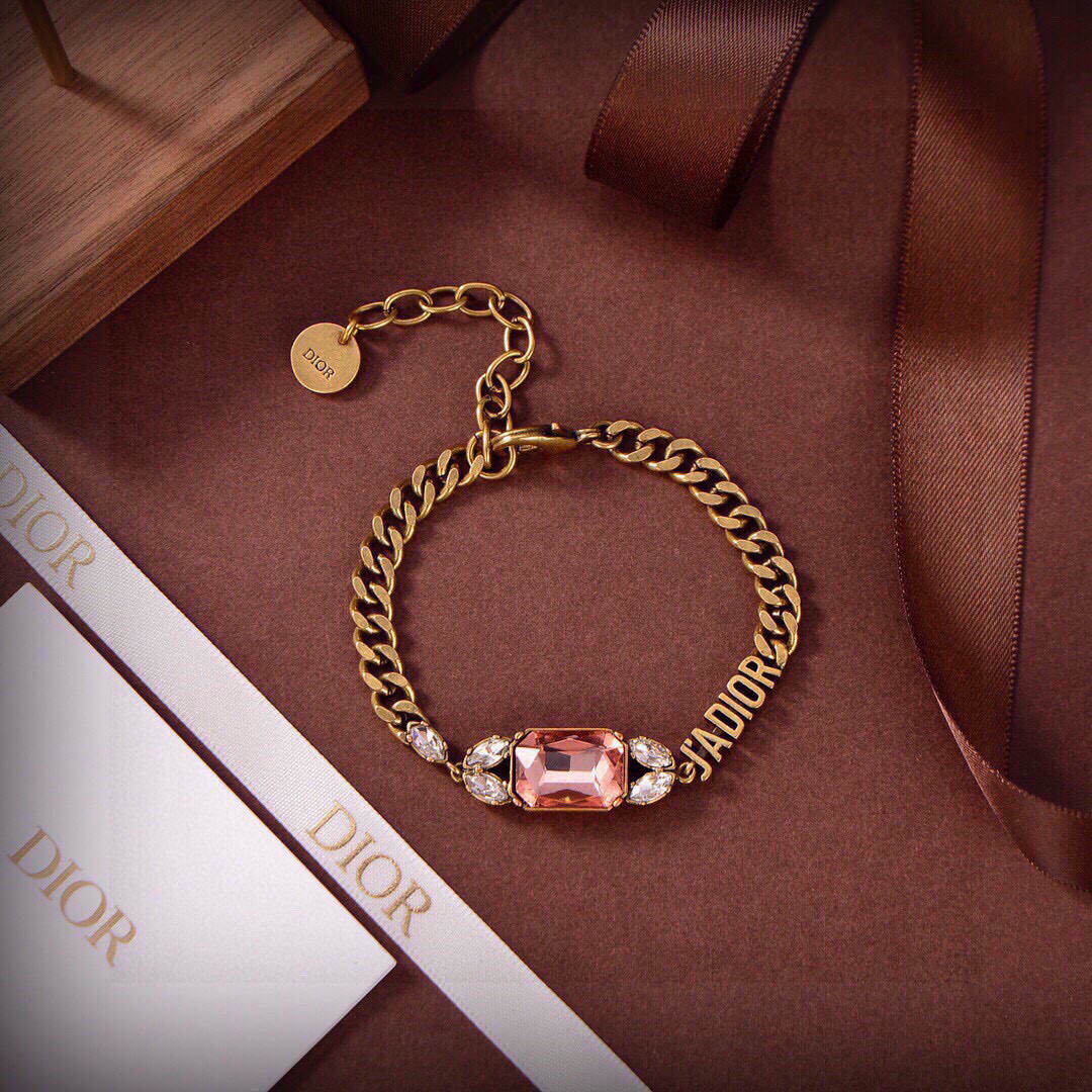 Dior J Adior bracelet vintage gold metal with peach and clear crystal accents 17cm with 5cm extension chain