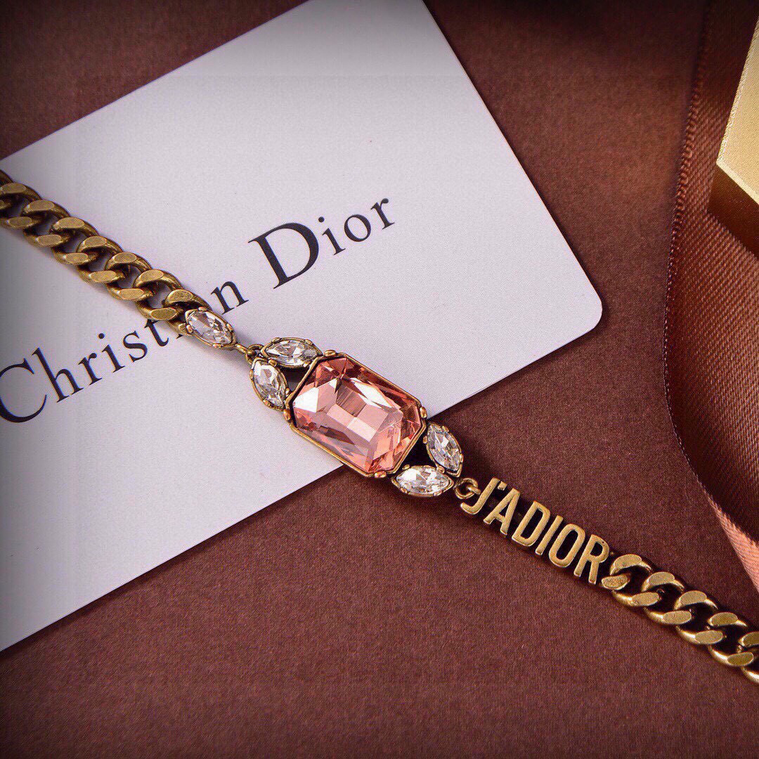 Dior J Adior bracelet vintage gold metal with peach and clear crystal accents 17cm with 5cm extension chain