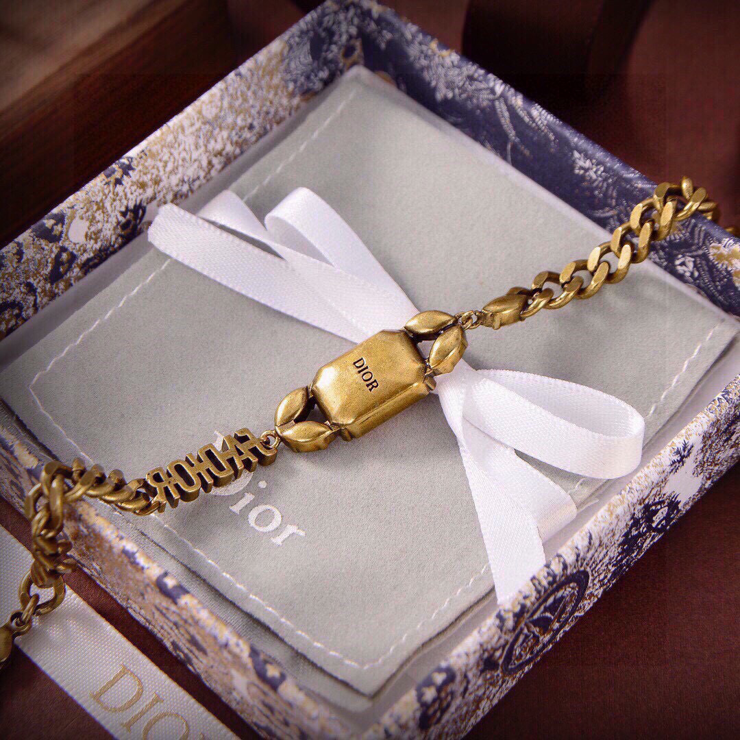 Dior J Adior bracelet vintage gold metal with peach and clear crystal accents 17cm with 5cm extension chain