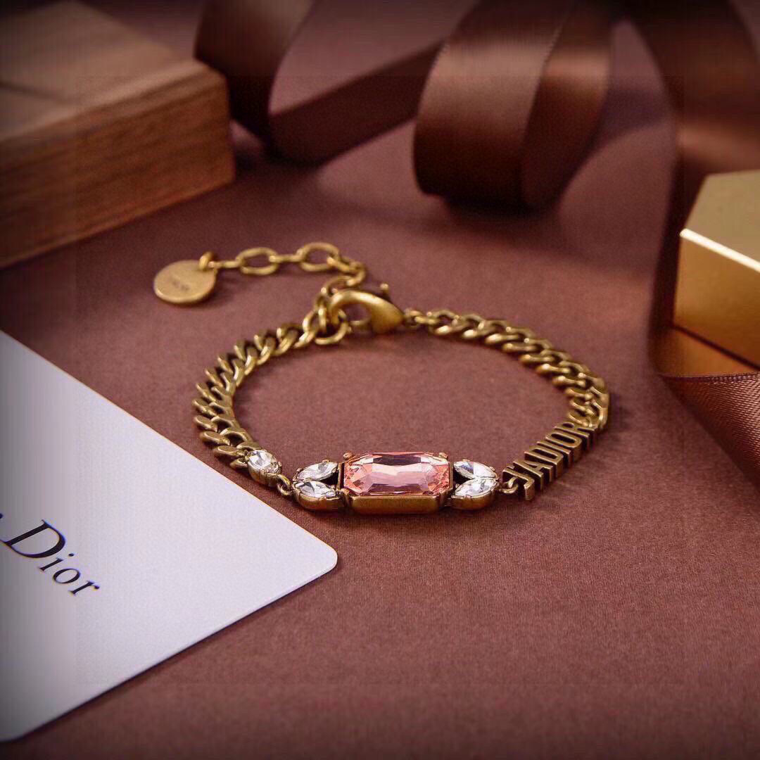 Dior J Adior bracelet vintage gold metal with peach and clear crystal accents 17cm with 5cm extension chain