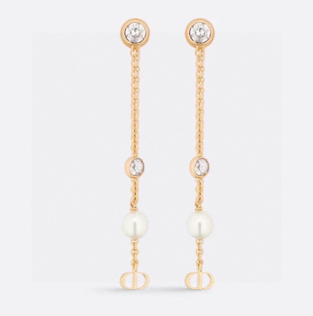 Dior Petit CD Treasure earrings Gold-tone metal with white resin pearl and clear silver-tone crystal accents One Size