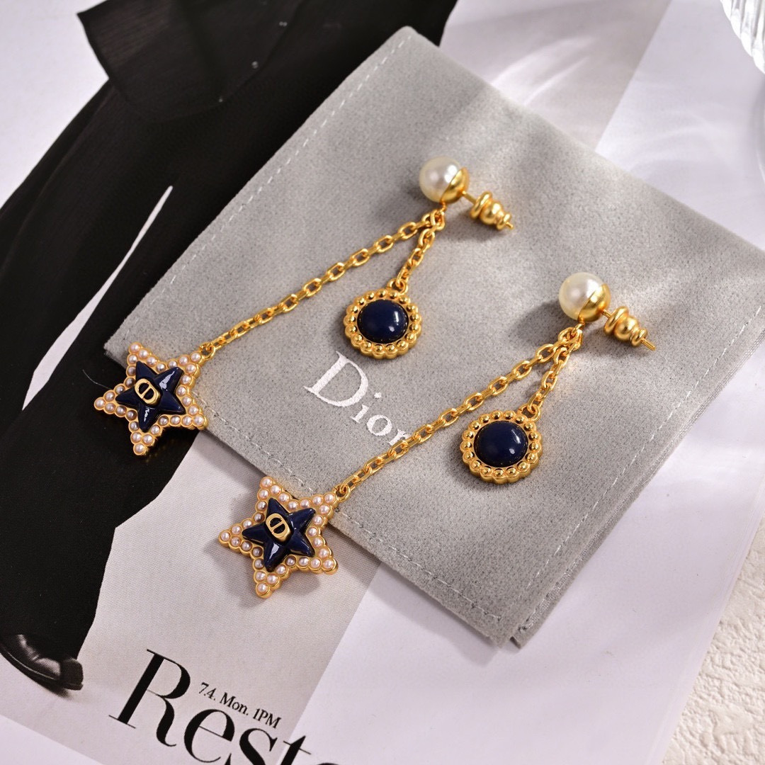 Dior Petit CD Lucky Baroque earrings gold-tone metal white resin pearl deep navy blue glass 4 5cm drop length