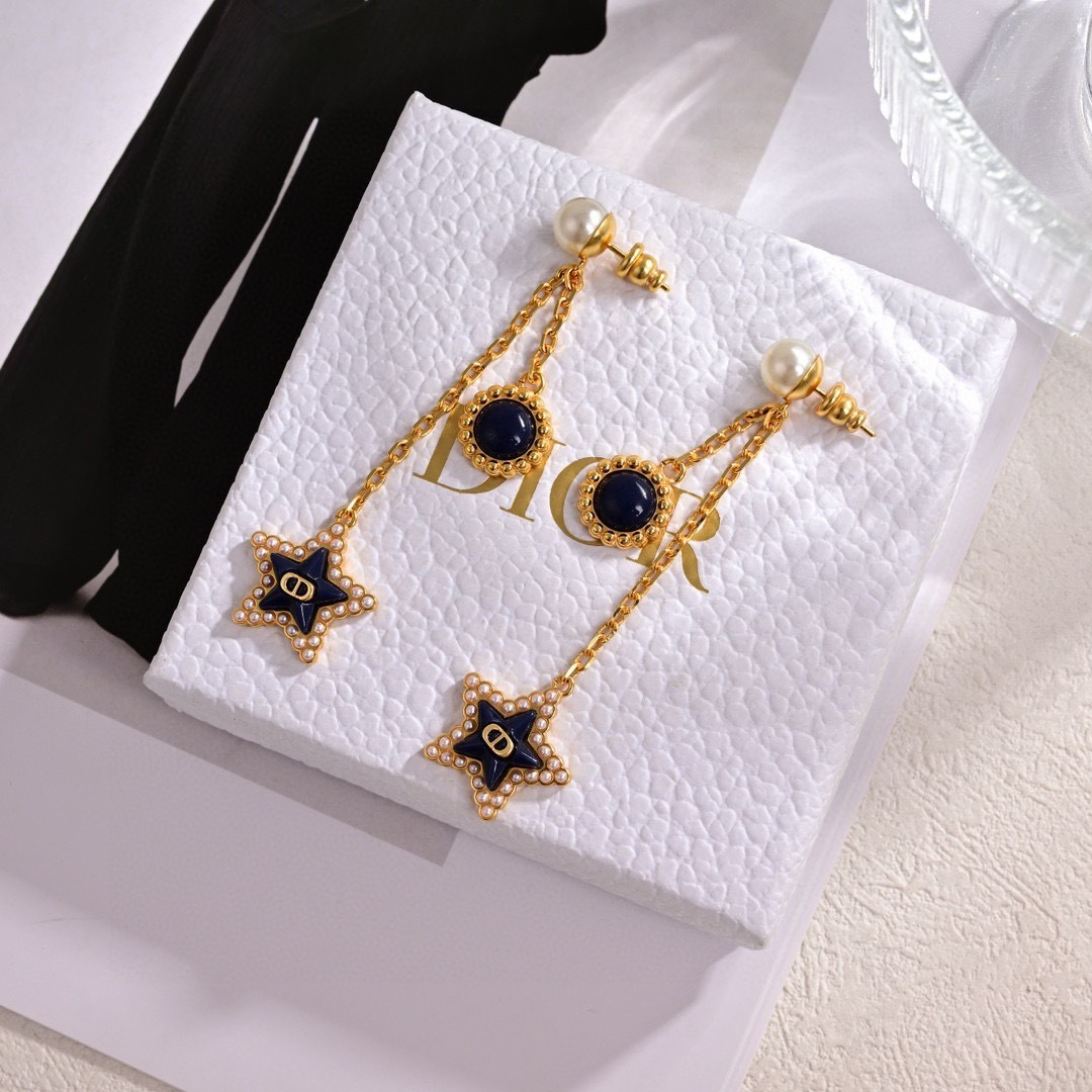 Dior Petit CD Lucky Baroque earrings gold-tone metal white resin pearl deep navy blue glass 4 5cm drop length