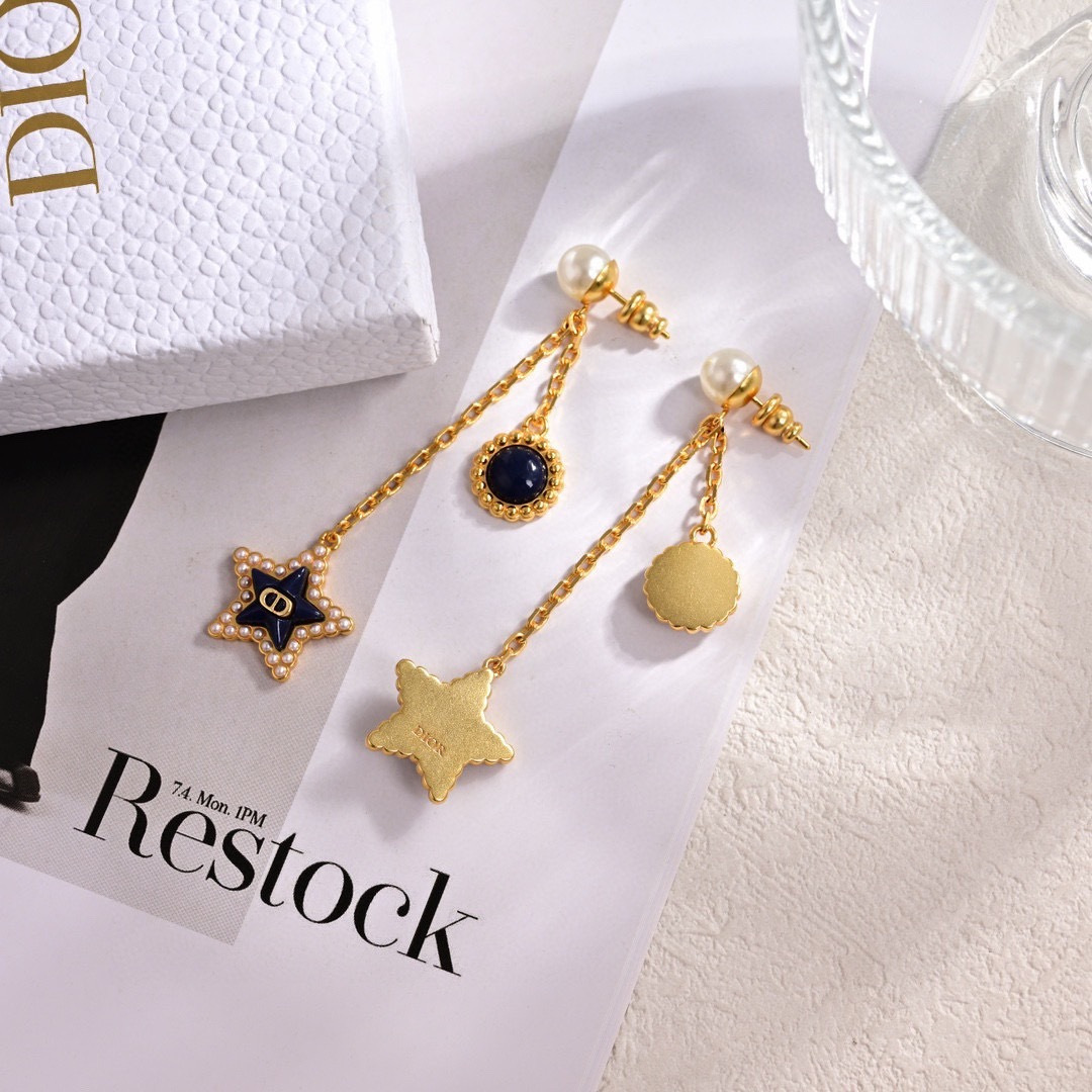 Dior Petit CD Lucky Baroque earrings gold-tone metal white resin pearl deep navy blue glass 4 5cm drop length