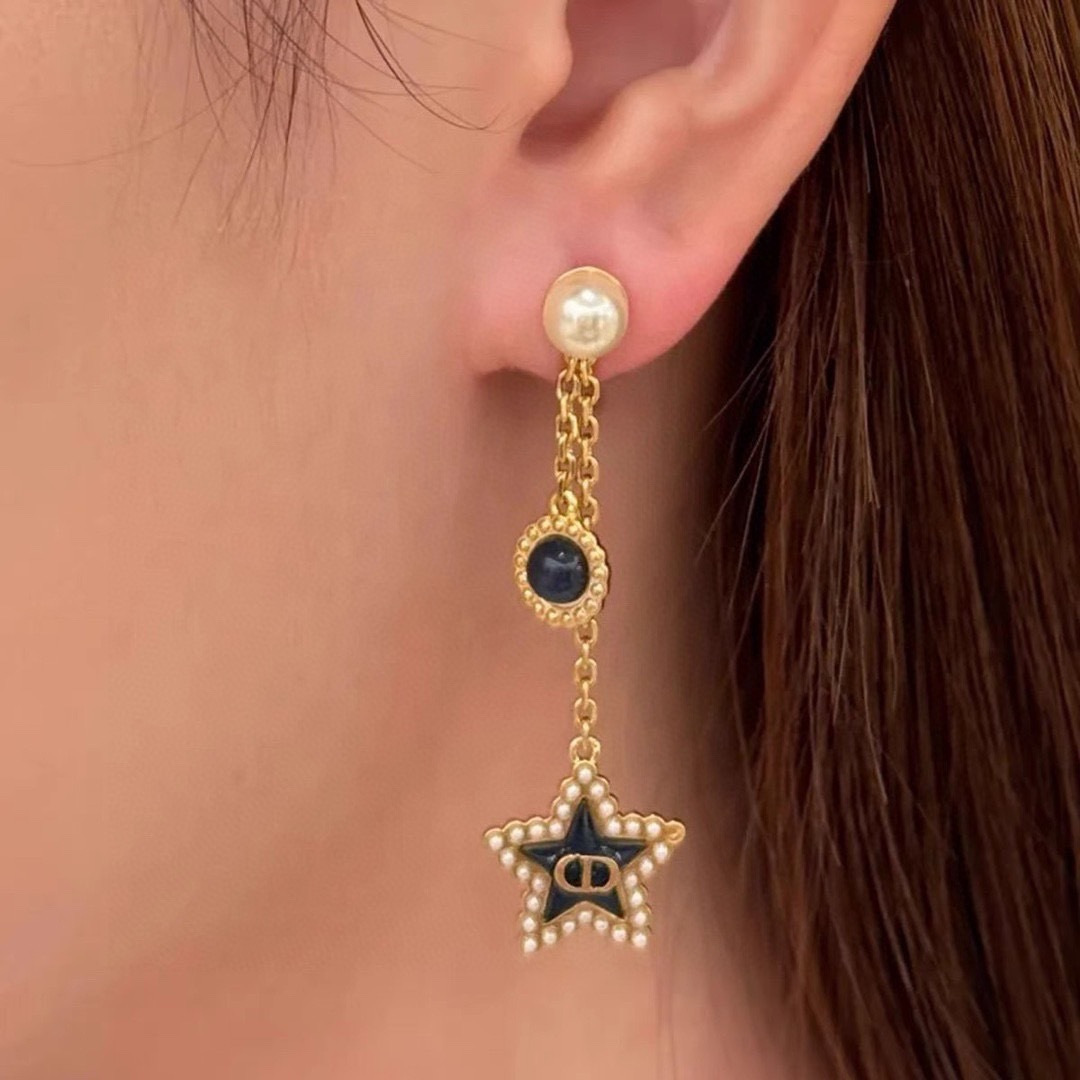 Dior Petit CD Lucky Baroque earrings gold-tone metal white resin pearl deep navy blue glass 4 5cm drop length