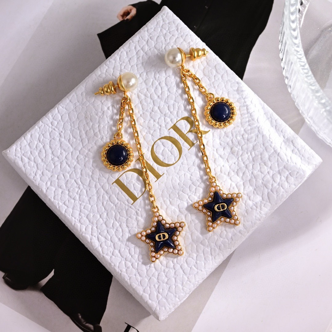Dior Petit CD Lucky Baroque earrings gold-tone metal white resin pearl deep navy blue glass 4 5cm drop length
