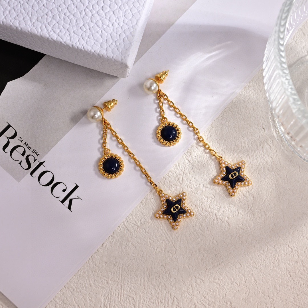 Dior Petit CD Lucky Baroque earrings gold-tone metal white resin pearl deep navy blue glass 4 5cm drop length