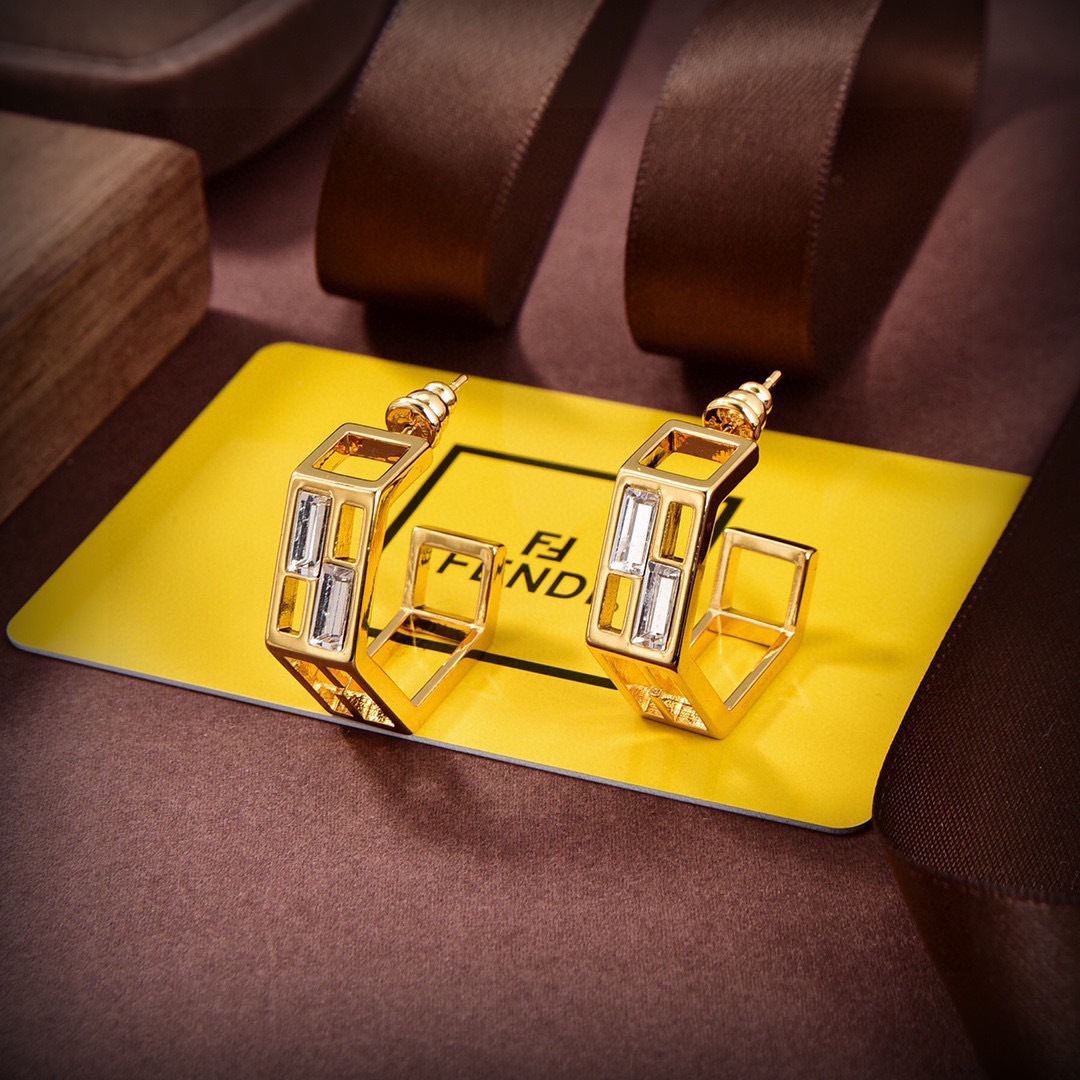 Fendi FF Logo Hexagonal Hoop Earrings earrings gold-tone metal with clear baguette-cut crystals 2cm outer diameter