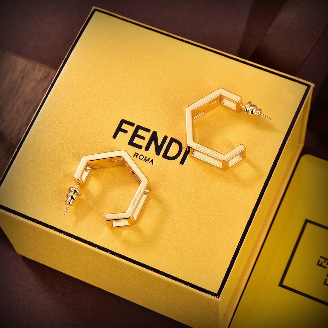 Fendi FF Logo Hexagonal Hoop Earrings earrings gold-tone metal with clear baguette-cut crystals 2cm outer diameter