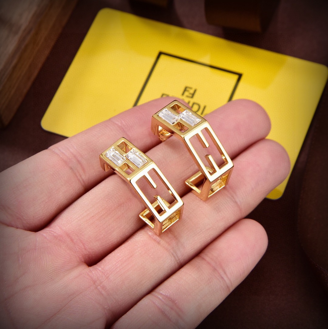 Fendi FF Logo Hexagonal Hoop Earrings earrings gold-tone metal with clear baguette-cut crystals 2cm outer diameter
