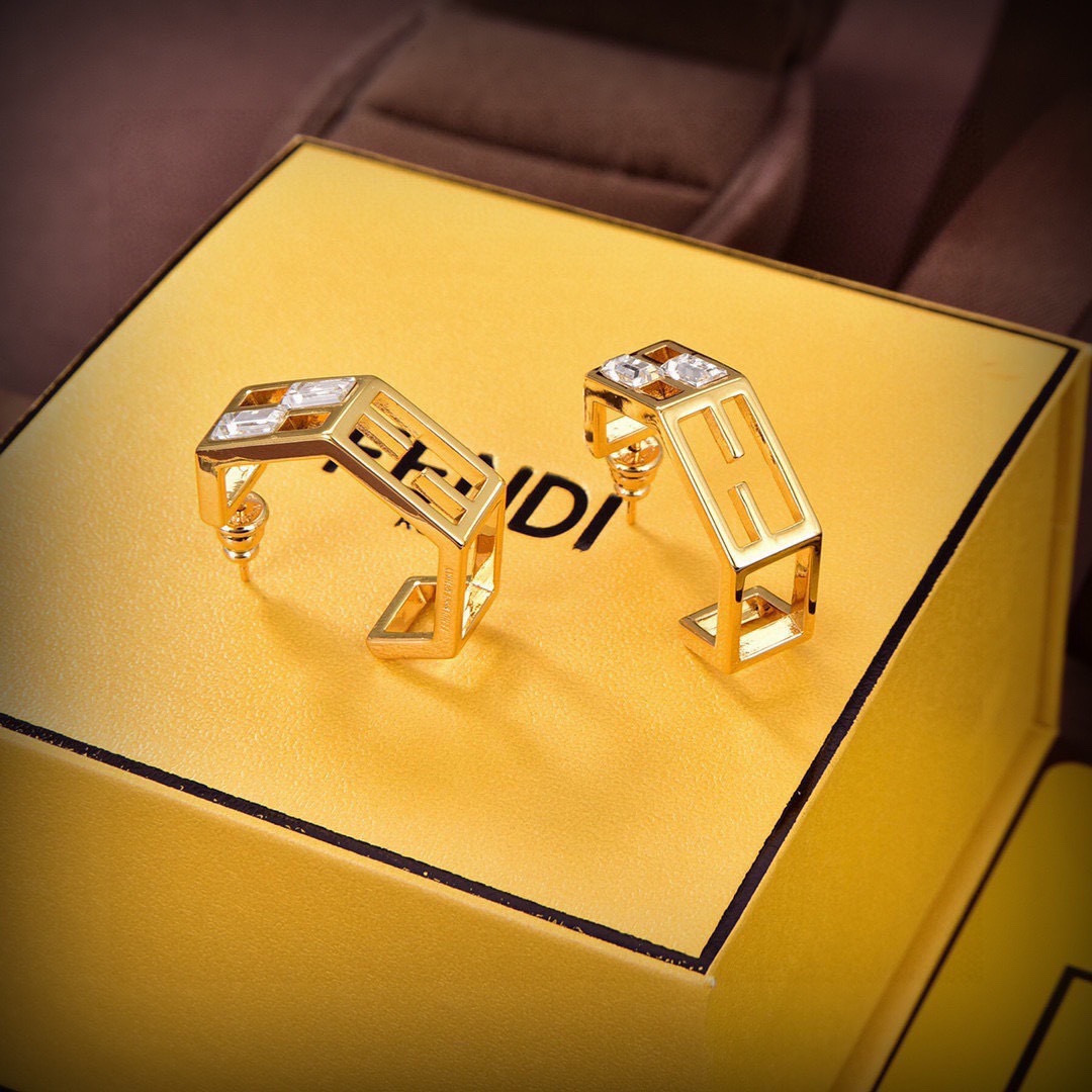 Fendi FF Logo Hexagonal Hoop Earrings earrings gold-tone metal with clear baguette-cut crystals 2cm outer diameter