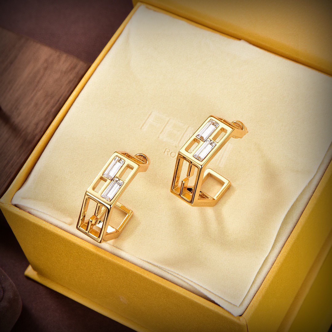 Fendi FF Logo Hexagonal Hoop Earrings earrings gold-tone metal with clear baguette-cut crystals 2cm outer diameter