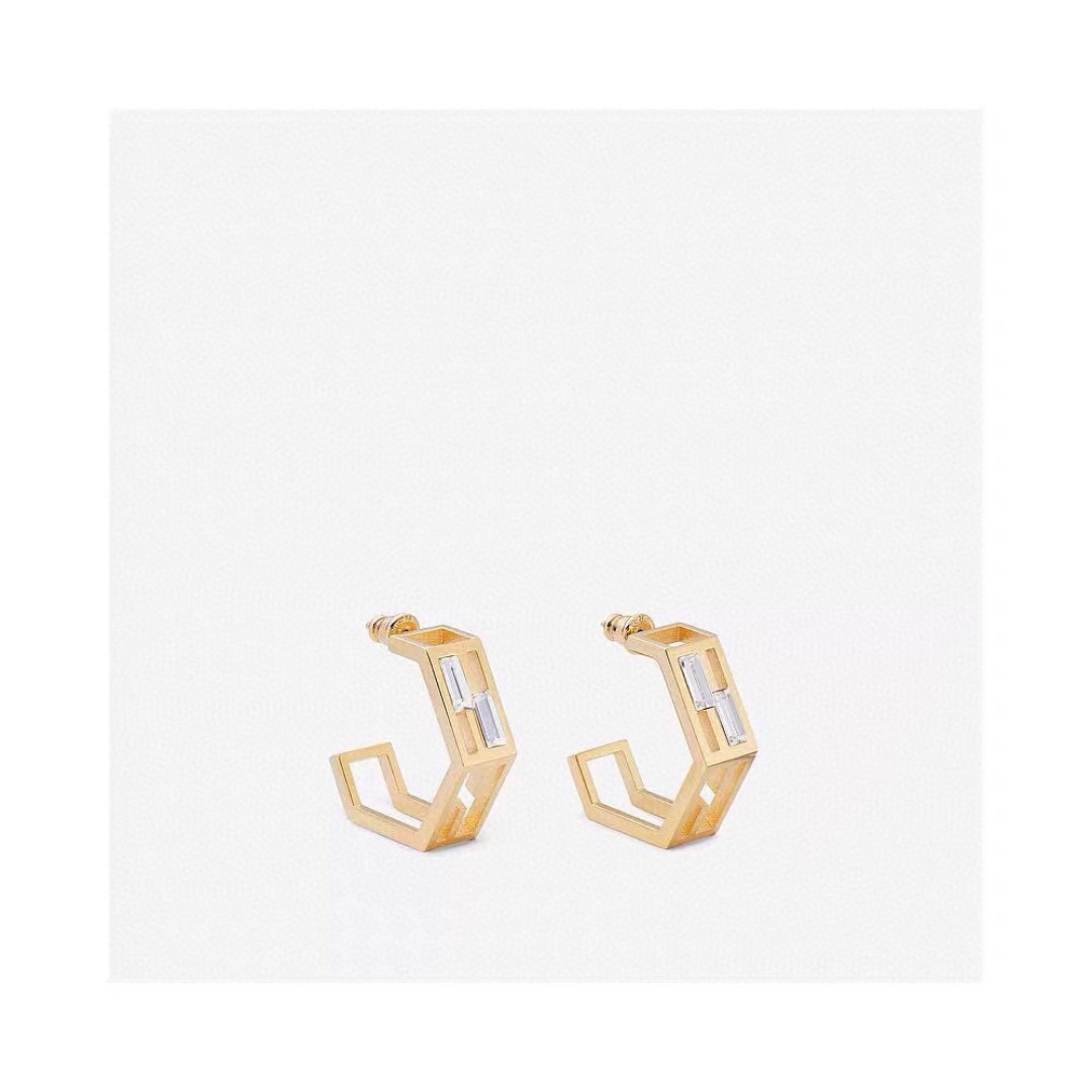 Fendi FF Logo Hexagonal Hoop Earrings earrings gold-tone metal with clear baguette-cut crystals 2cm outer diameter