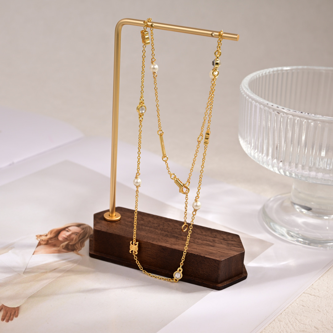 Celine LES PERLES CELINE necklace gold metal with white pearls and clear crystals 45cm