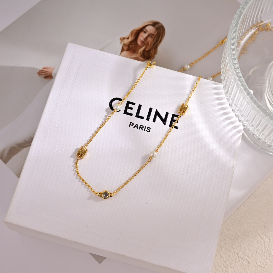 Celine LES PERLES CELINE necklace gold metal with white pearls and clear crystals 45cm