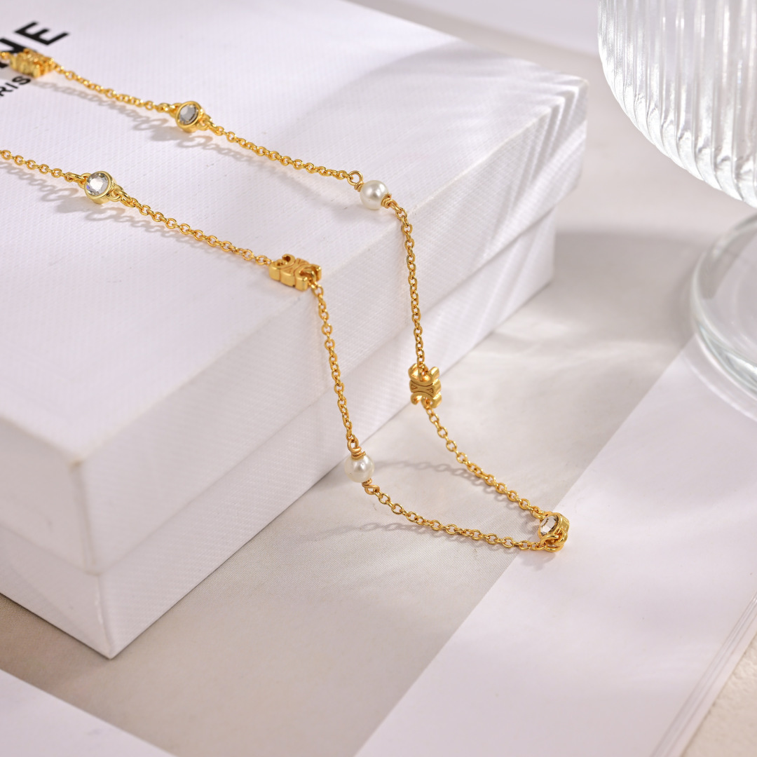 Celine LES PERLES CELINE necklace gold metal with white pearls and clear crystals 45cm