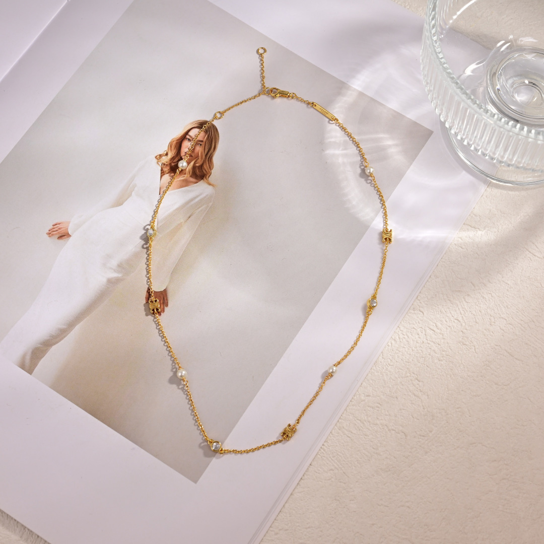 Celine LES PERLES CELINE necklace gold metal with white pearls and clear crystals 45cm