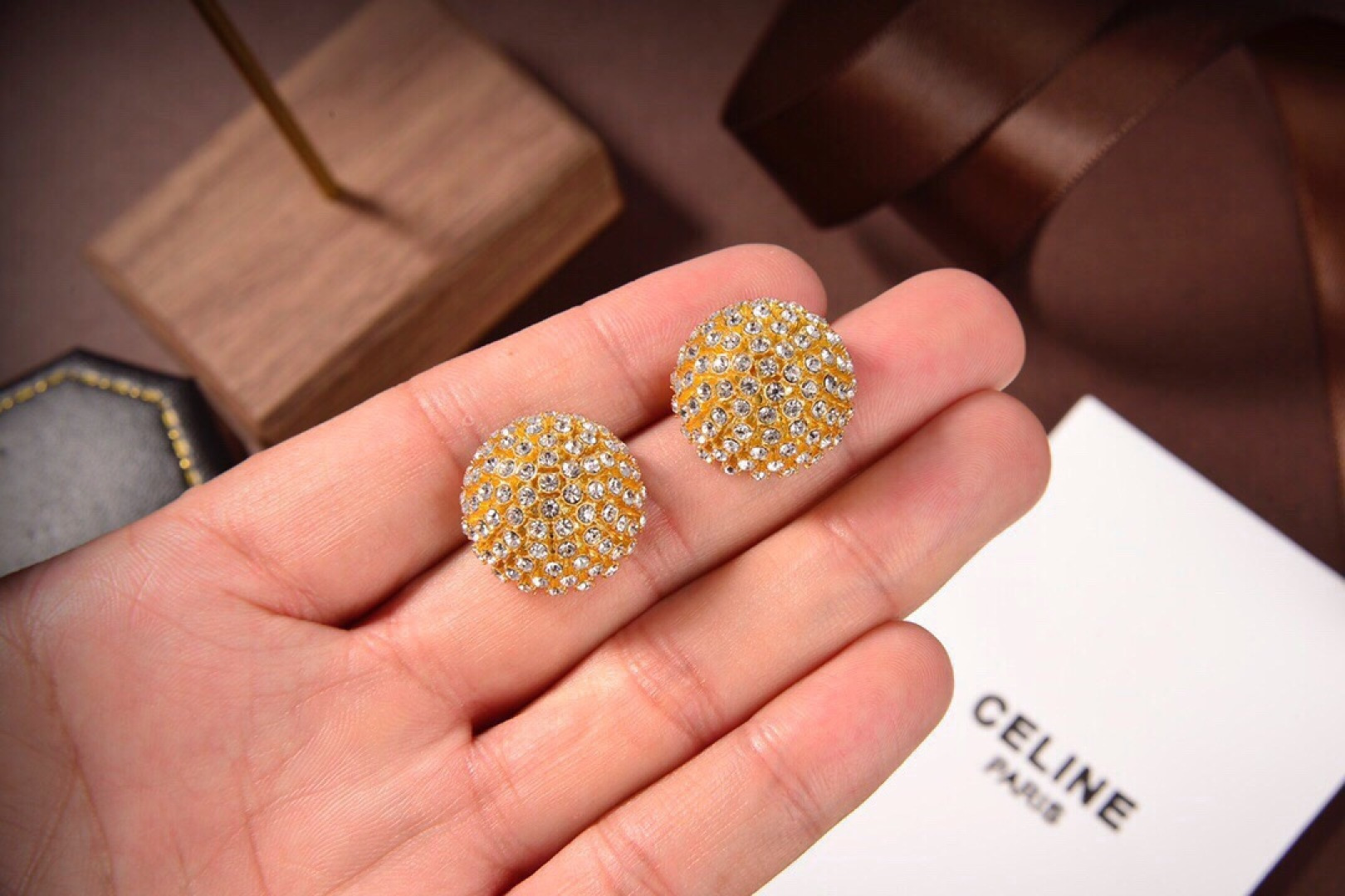 Celine Dome Crystal Stud Earrings earrings gold-tone metal with clear crystal stones 2cm diameter