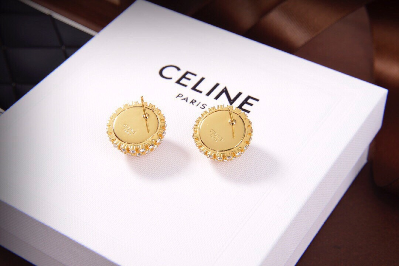 Celine Dome Crystal Stud Earrings earrings gold-tone metal with clear crystal stones 2cm diameter