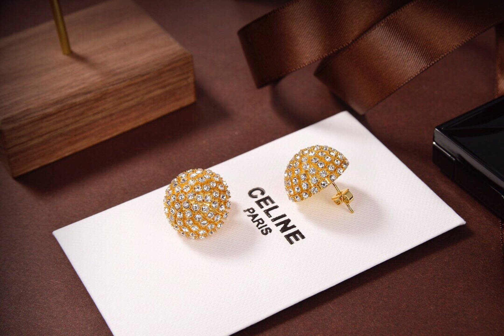 Celine Dome Crystal Stud Earrings earrings gold-tone metal with clear crystal stones 2cm diameter