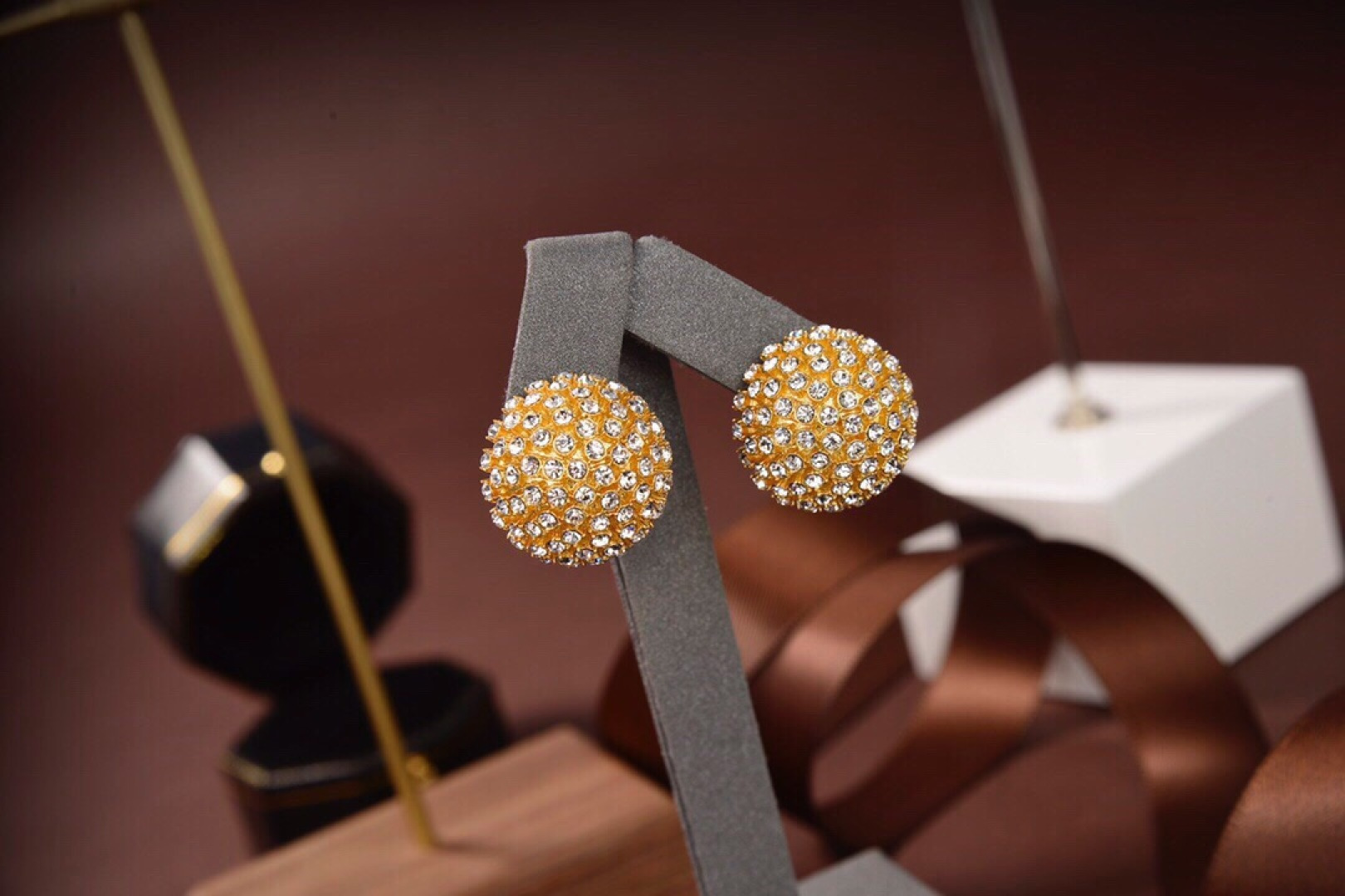 Celine Dome Crystal Stud Earrings earrings gold-tone metal with clear crystal stones 2cm diameter