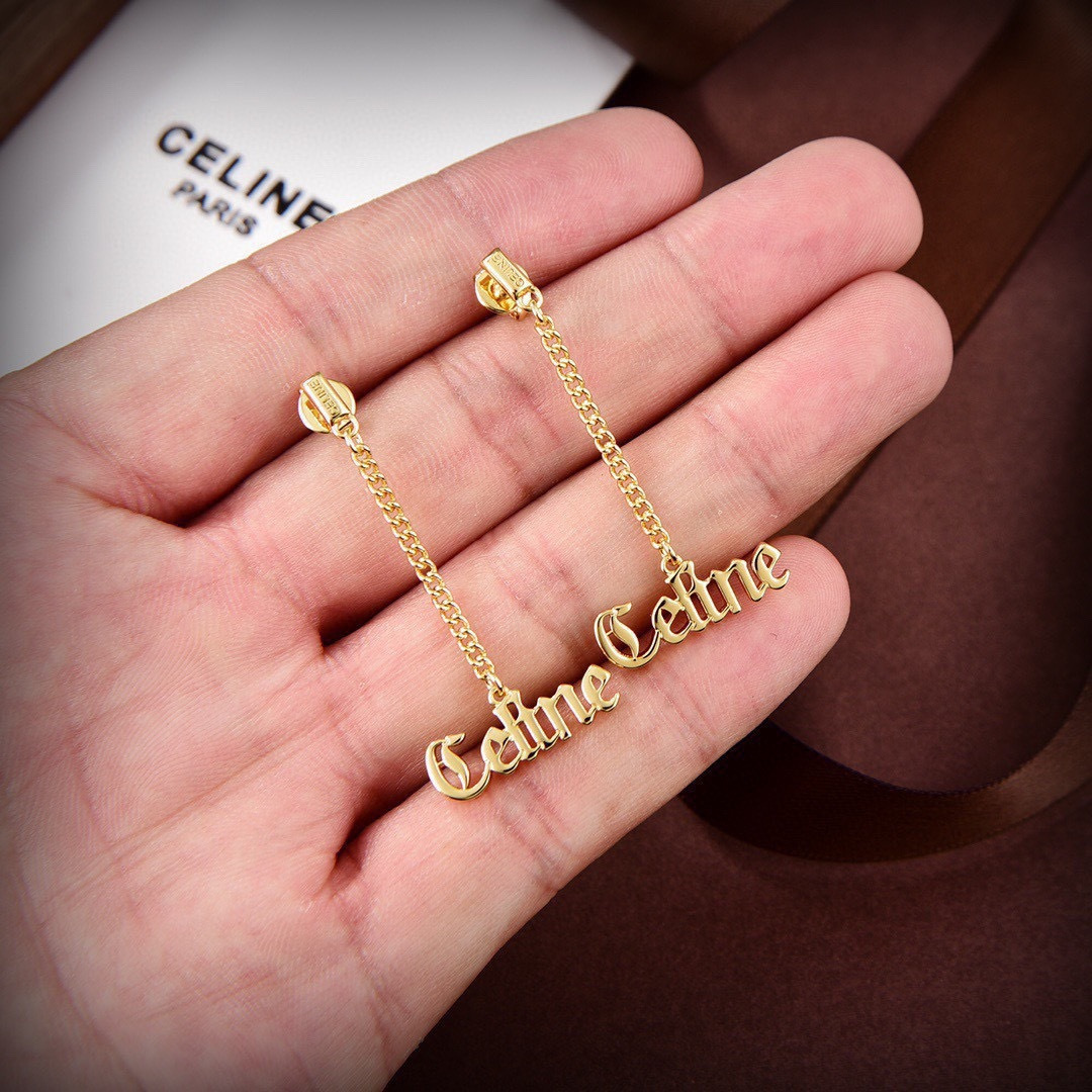 Celine Gothic Logo Chain Drop Earrings earrings gold-tone metal no accent stones 3 5cm drop length
