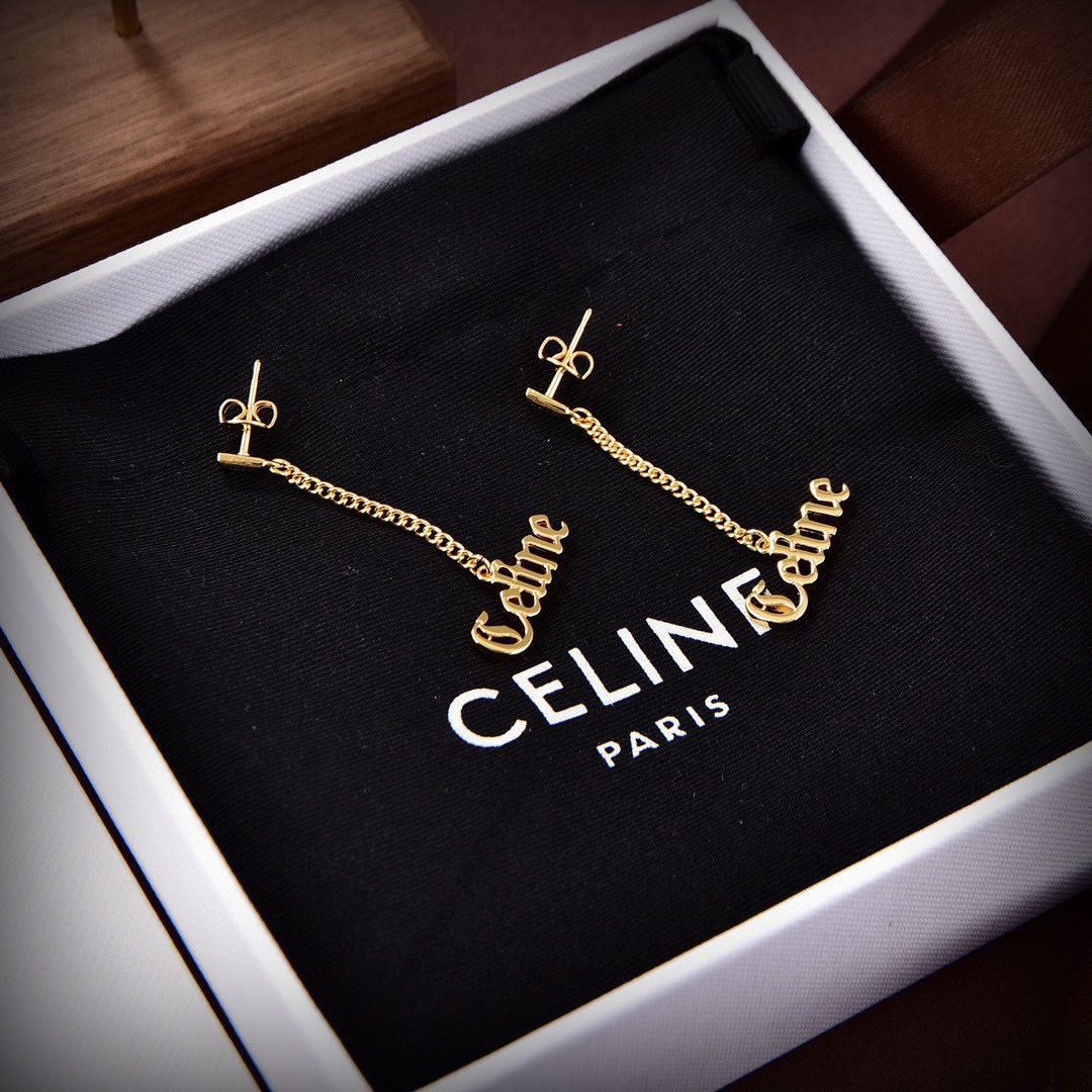 Celine Gothic Logo Chain Drop Earrings earrings gold-tone metal no accent stones 3 5cm drop length