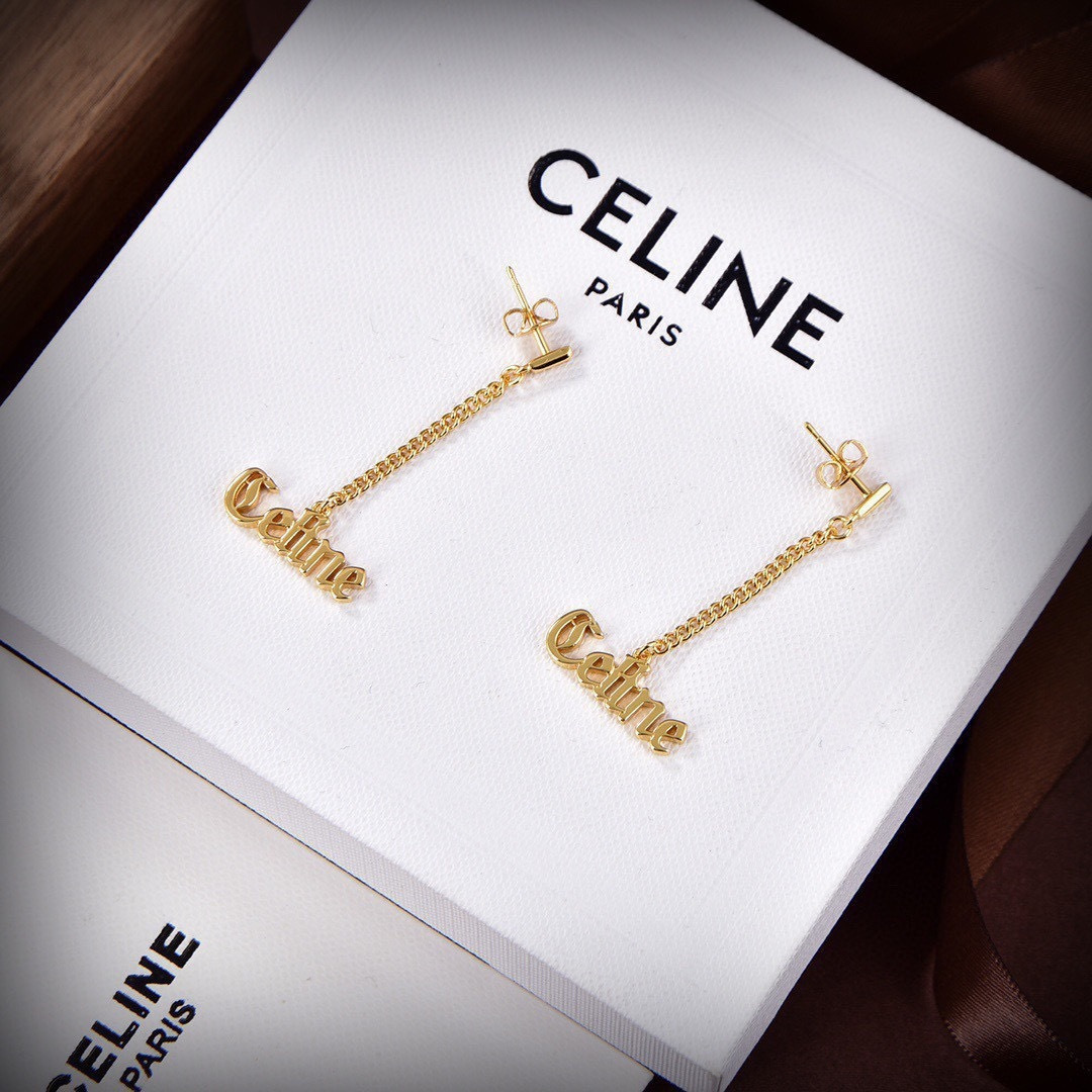 Celine Gothic Logo Chain Drop Earrings earrings gold-tone metal no accent stones 3 5cm drop length