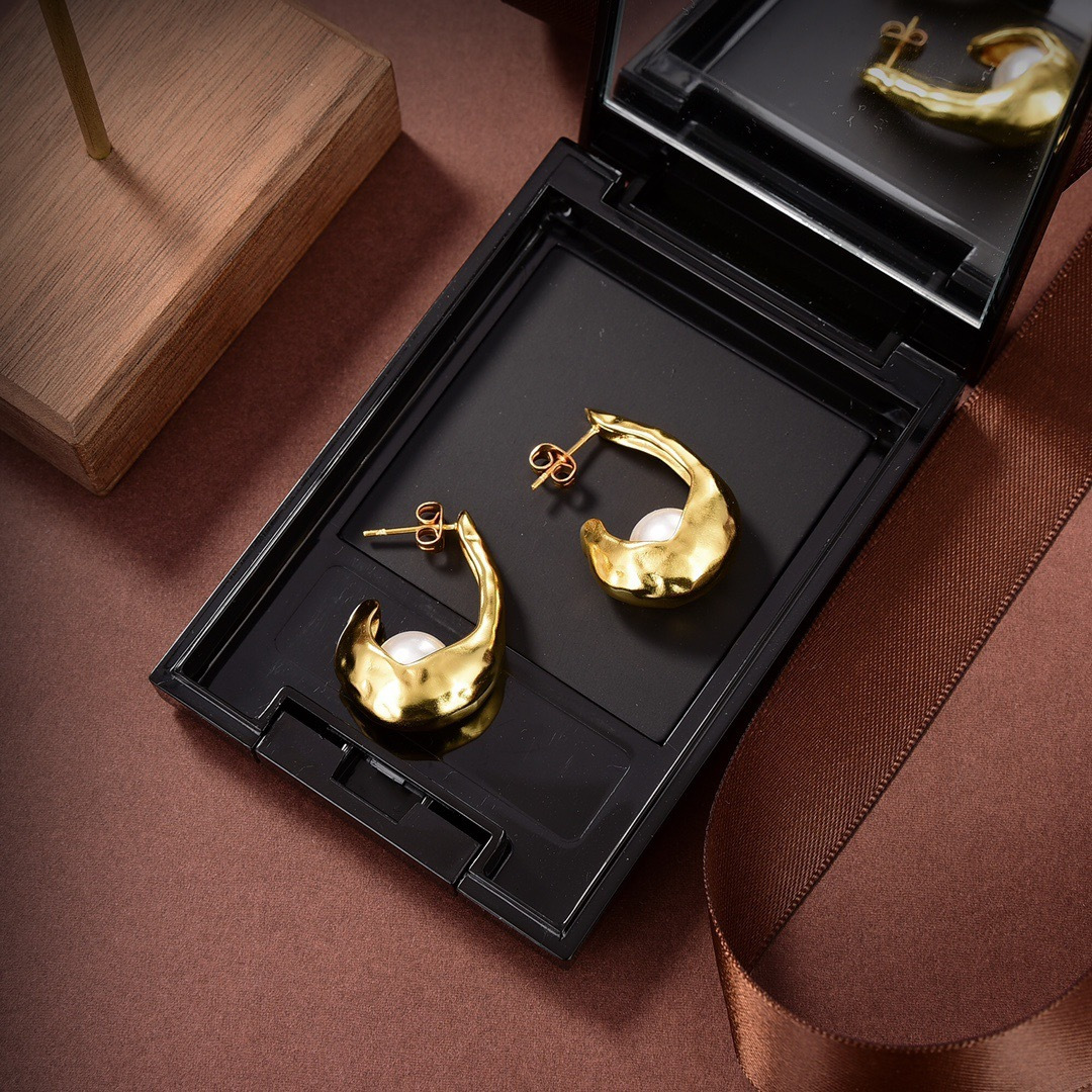 Celine PRECIOUS earrings 18k gold tone metal with white freshwater pearls 2 5cm drop length