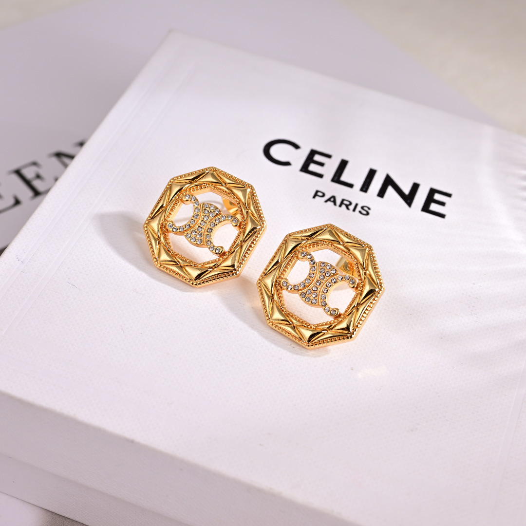 Celine Triomphe Octagonal Stud Earrings earrings gold-tone metal with clear crystal accents 1 8cm diameter