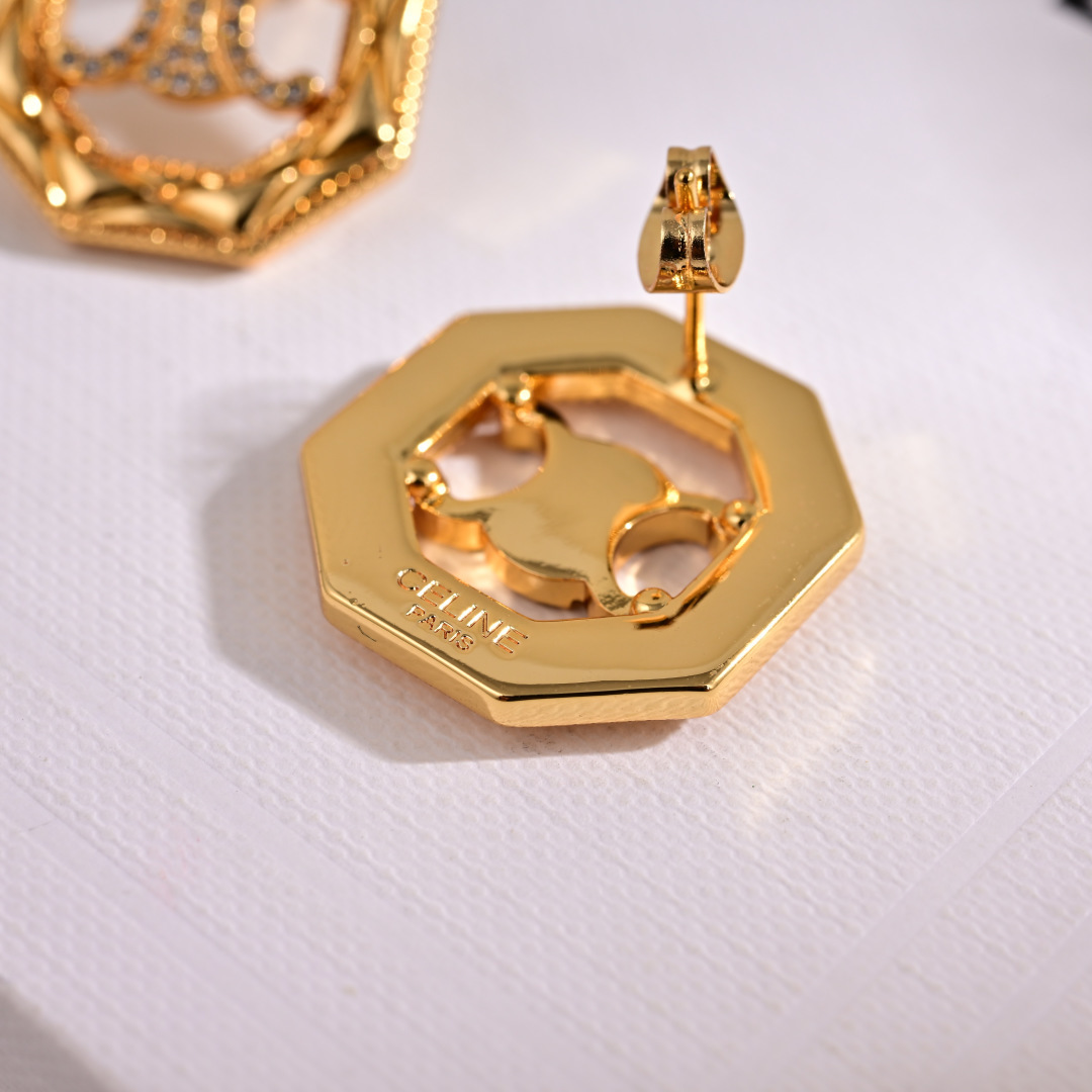 Celine Triomphe Octagonal Stud Earrings earrings gold-tone metal with clear crystal accents 1 8cm diameter