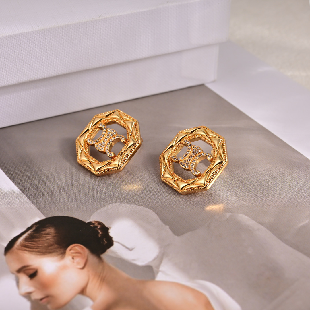 Celine Triomphe Octagonal Stud Earrings earrings gold-tone metal with clear crystal accents 1 8cm diameter