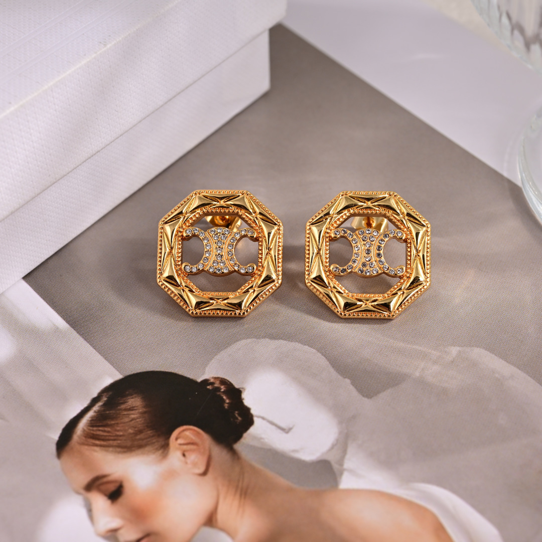 Celine Triomphe Octagonal Stud Earrings earrings gold-tone metal with clear crystal accents 1 8cm diameter