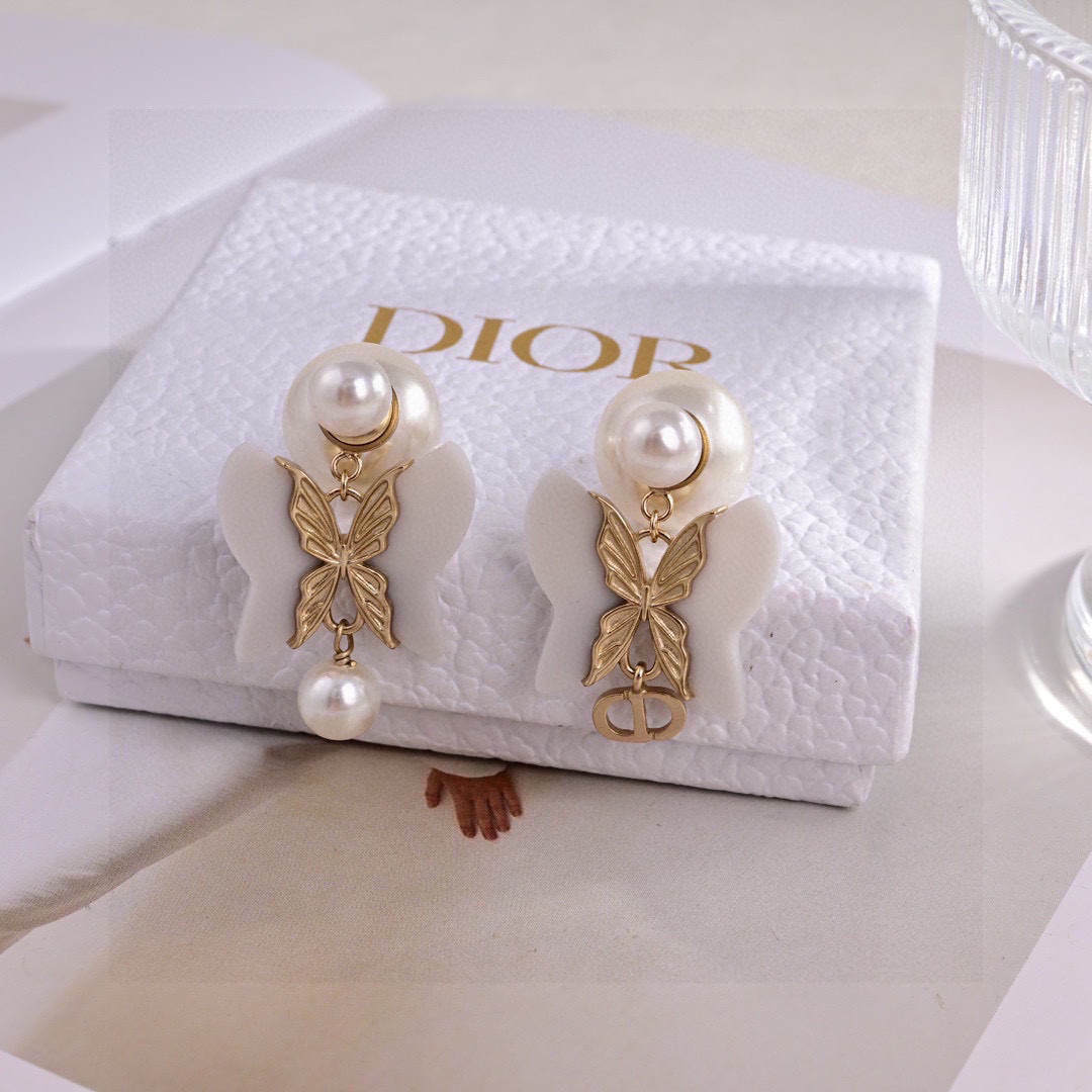 Dior Tribales Butterfly Pearl CD Drop Earrings earrings matte gold-tone metal white resin white cultured pearls 3 5cm drop length