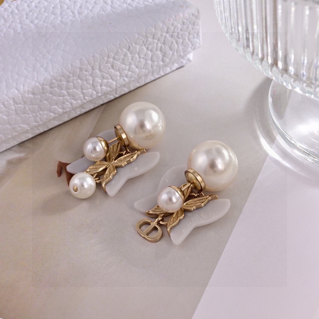 Dior Tribales Butterfly Pearl CD Drop Earrings earrings matte gold-tone metal white resin white cultured pearls 3 5cm drop length