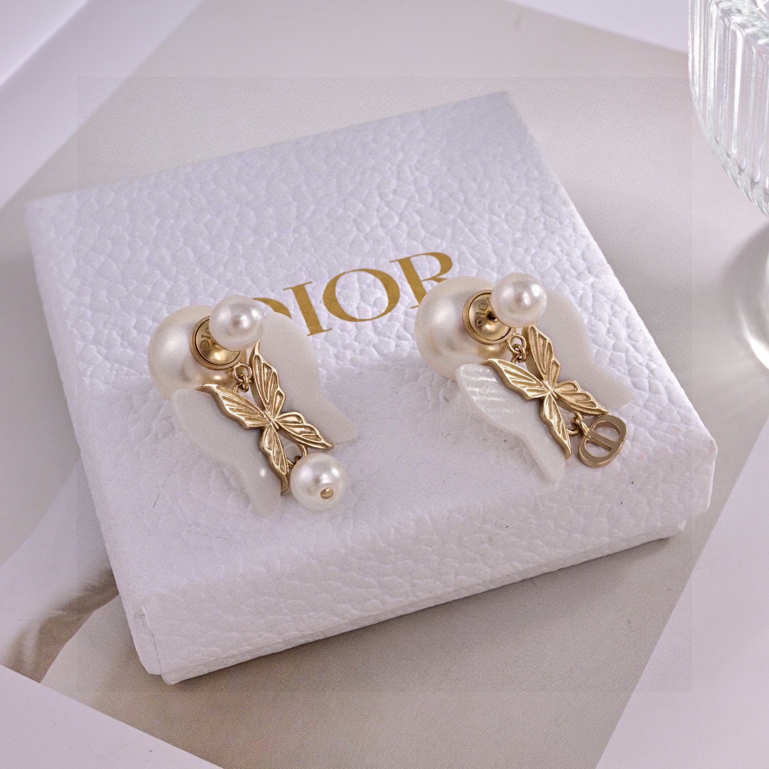 Dior Tribales Butterfly Pearl CD Drop Earrings earrings matte gold-tone metal white resin white cultured pearls 3 5cm drop length